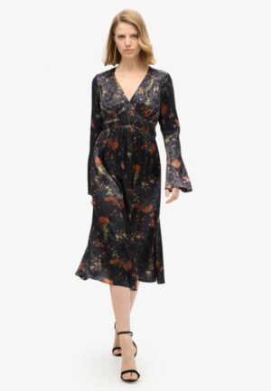 Jacquard Midi-jurk met Wijduitlopende Mouwen Zwart Grootte: 40