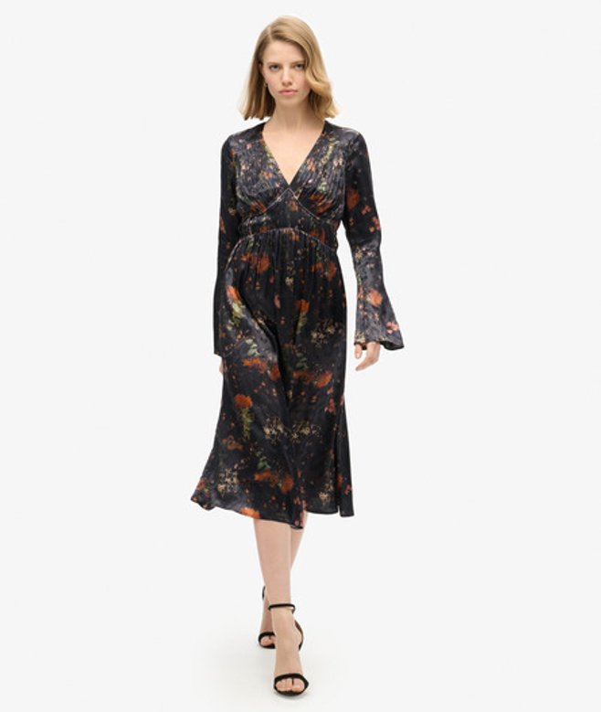 Jacquard Midi-jurk met Wijduitlopende Mouwen Zwart Grootte: 40