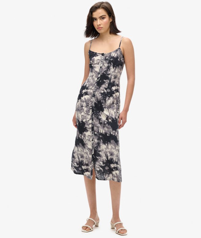 Cami Midi-jurk met Knoopsluiting en Print Grijs Grootte: 40