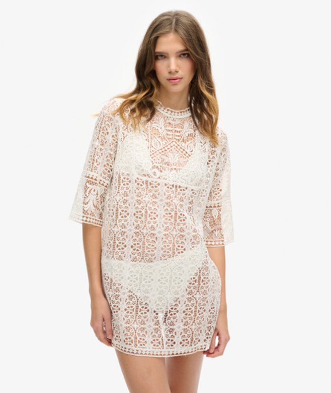 Beach Cover Up Mini-jurk met Kanten Details Crème Grootte: 6-8