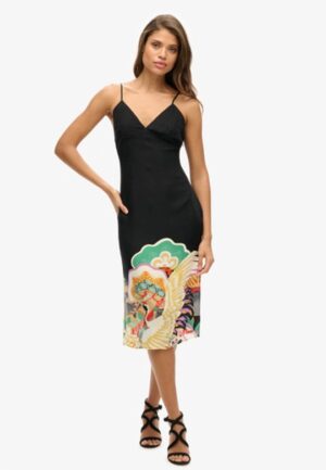 Halflange Cami-slipjurk met Print Zwart Grootte: 34