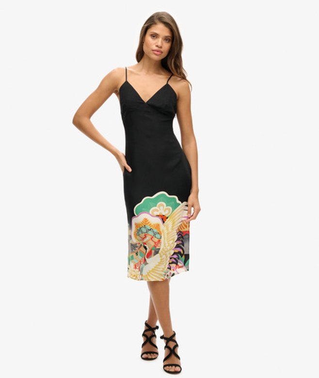 Halflange Cami-slipjurk met Print Zwart Grootte: 42