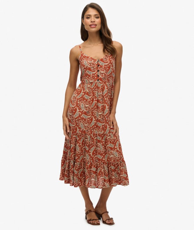 Gelaagde Midi-jurk met Halve Knoopsluiting Brown Grootte: 44