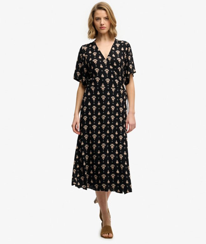 Bedrukte Midi Wikkel Jurk Black Grootte: 38