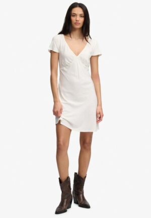 Geprinte Mini-jurk met Sweetheart Hals White Grootte: 36