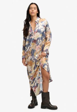 Satijnen Bloemen Maxi Jurk Oversized Pasvorm Blauw Grootte: 40