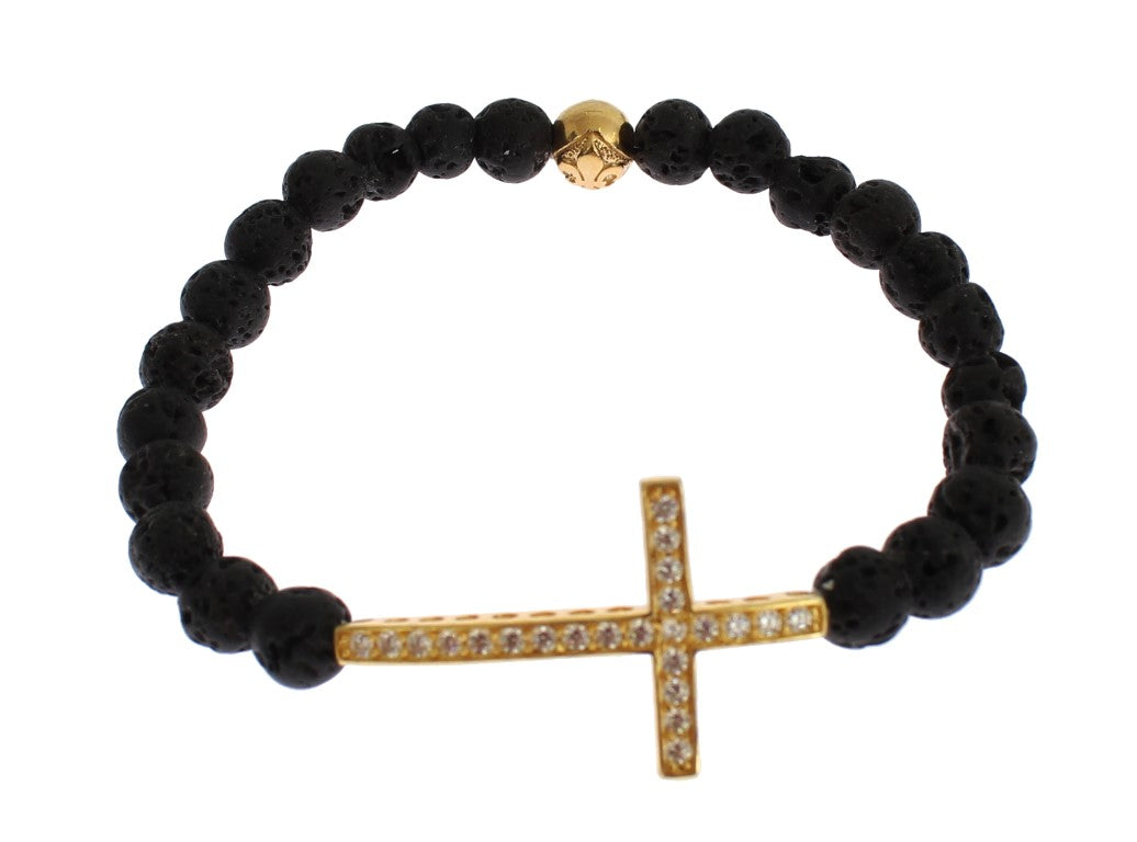 Nialaya Lavasteen Goud Helder CZ Kruis 925 Zilveren Armband - Afbeelding 2