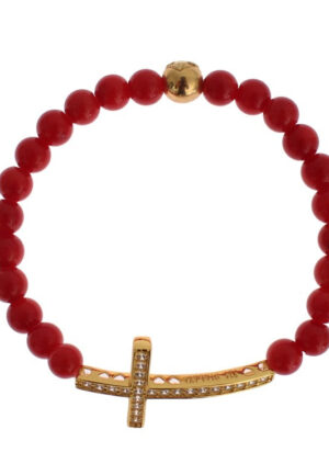 Nialaya Rode Koraal Gouden CZ Kruis 925 Zilveren Armband