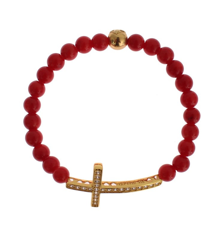 Nialaya Rode Koraal Gouden CZ Kruis 925 Zilveren Armband