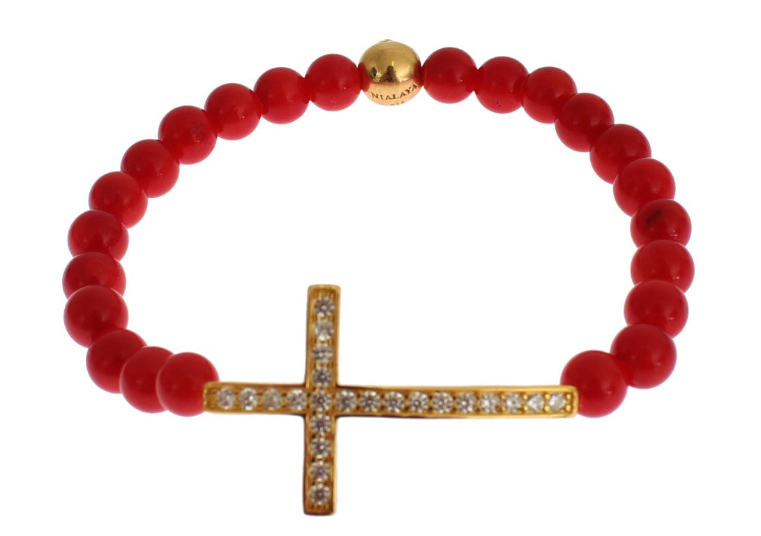 Nialaya Rode Koraal Gouden CZ Kruis 925 Zilveren Armband - Afbeelding 2