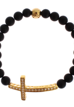 Nialaya Matte Onyx Steen Gouden CZ Kruis 925 Zilveren Armband