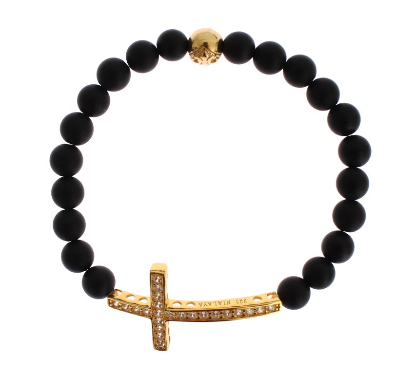 Nialaya Matte Onyx Steen Gouden CZ Kruis 925 Zilveren Armband