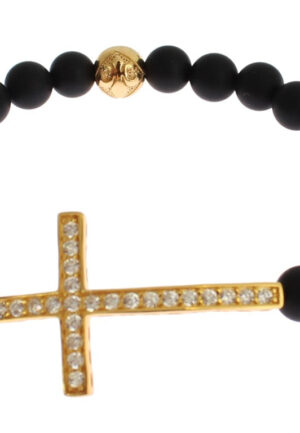 Alternative view of Nialaya Matte Onyx Steen Gouden CZ Kruis 925 Zilveren Armband