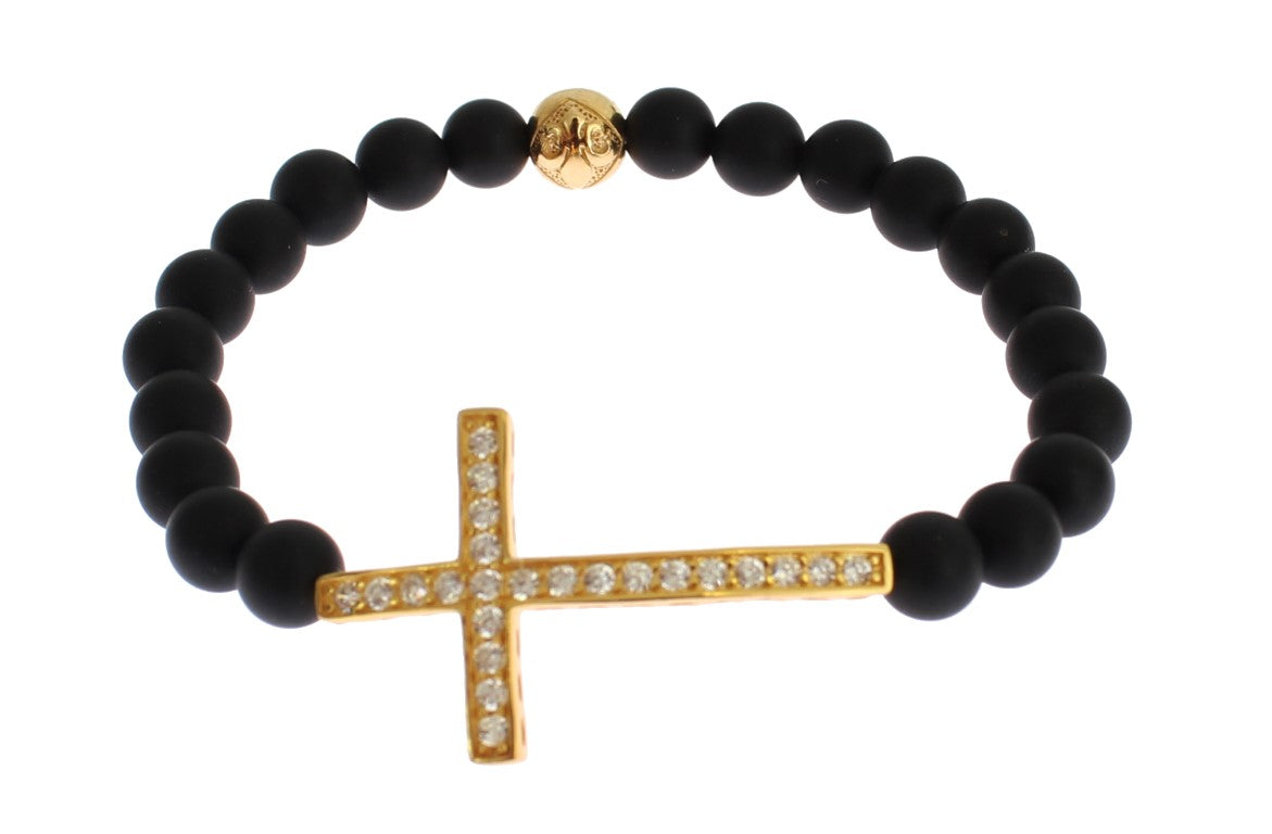 Nialaya Matte Onyx Steen Gouden CZ Kruis 925 Zilveren Armband - Afbeelding 2