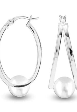 Vrouwen Ovale Hoops met Witte Parel, 925 Sterling Zilver BIPE030