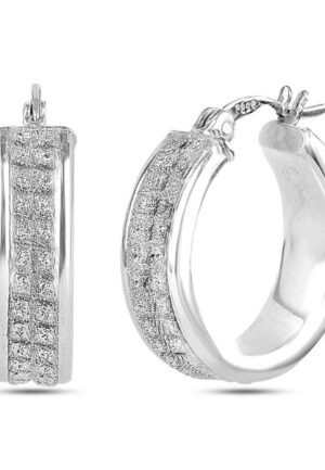 Vrouwen Brede Hoep Oorbellen met Diamantstructuur, 925 Sterling Zilver BIPE018