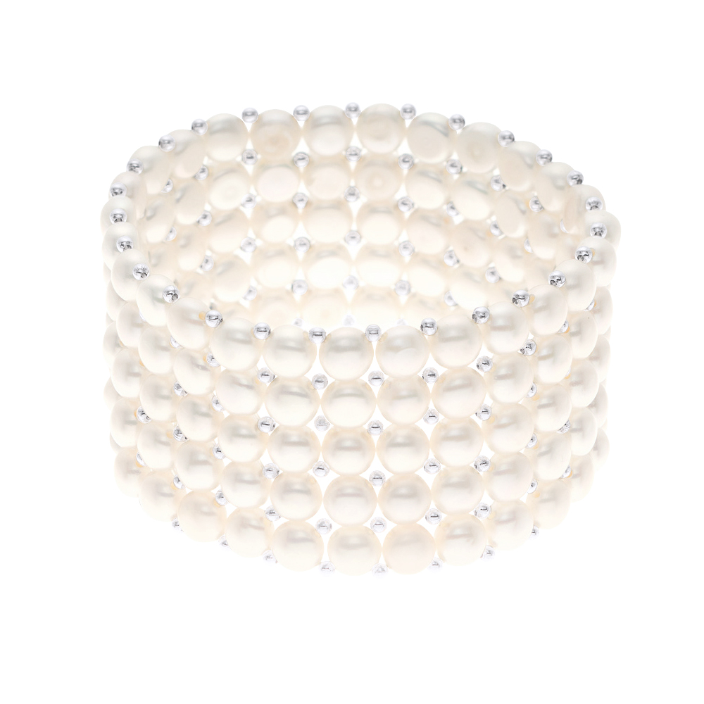 Manchet armband 5 Rijen Zoetwater Pearl White 925