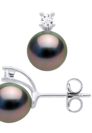 Oorbellen van Zilver 925 & Cubic Zirconia versierd met 2 Echte Gecultiveerde Tahiti Parel 8-9 mm