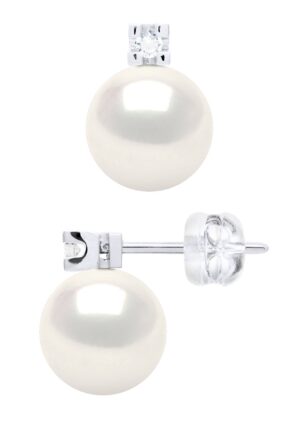 Oorbellen Prestige - Diamanten 0,04 Ct - Kwaliteit HSI - Wit Goud 375 en Echte Zoetwaterparels Rond 8-9 mm