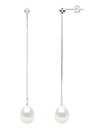 Oorbellen Prestige - Diamanten 0,02 Cts - Kwaliteit HSI - Wit Goud - Echte Gecultiveerde Zoetwaterpieren 9-10 mm