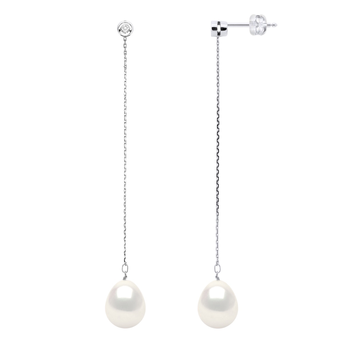 Oorbellen Prestige - Diamanten 0,02 Cts - Kwaliteit HSI - Wit Goud - Echte Gecultiveerde Zoetwaterpieren 9-10 mm