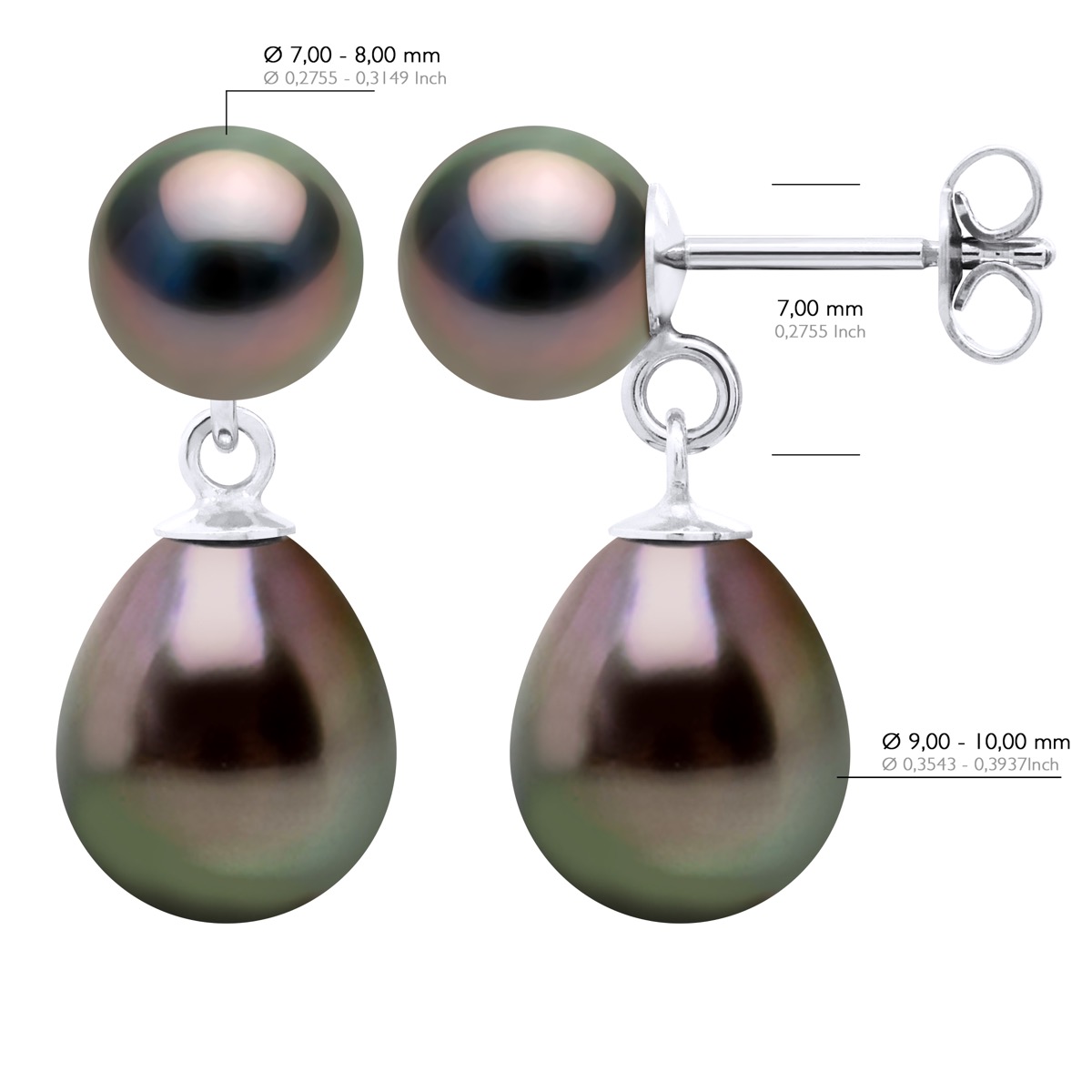 Dubbele Oorbellen - Wit Goud - Echte Geconstitueerde Tahiti Parel Ronde 7-8 en Perelaar 9-10 mm - Afbeelding 2