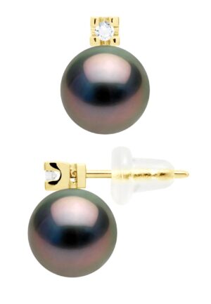 Oorbellen Prestige - Diamanten 0,04 ct - in Geel Goud 750 en Echte Cultiveerde Tahitiaanse Parel Rond 8-9 mm