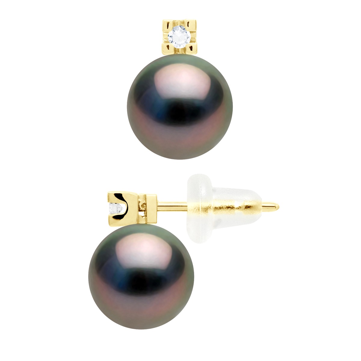 Oorbellen Prestige - Diamanten 0,04 ct - in Geel Goud 750 en Echte Cultiveerde Tahitiaanse Parel Rond 8-9 mm
