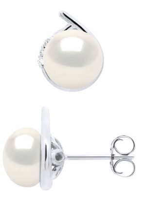 Oorbellen Omgeving Diamanten 0,03 Cts Wit Goud - Echte Cultuur Zoetwater Parelknoppen 7-8 mm