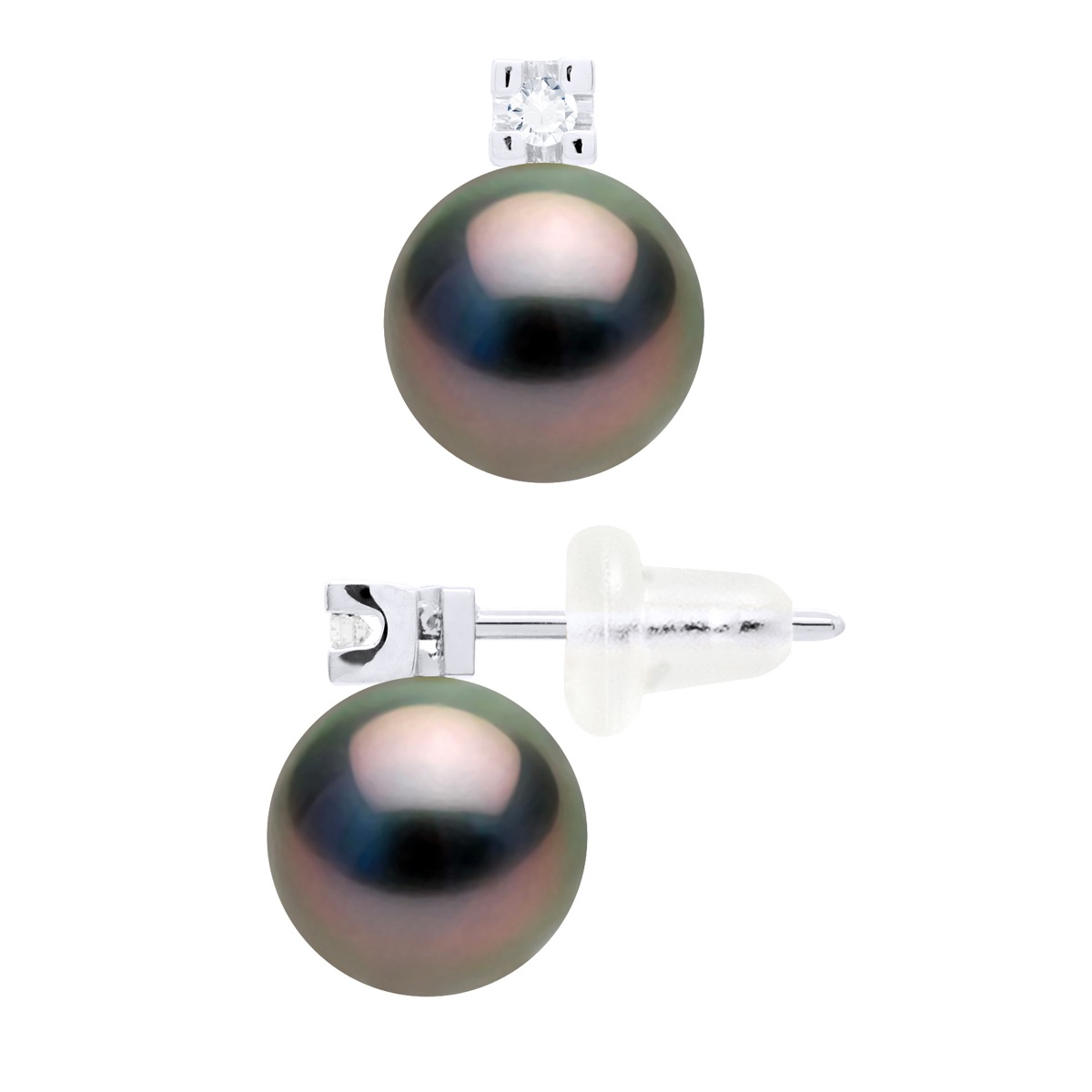 Oorbellen Prestige - Diamanten 0,04 ct - in Wit Goud 750 en Echte Gecontroleerde Tahiti Parel Ronde 8-9 mm