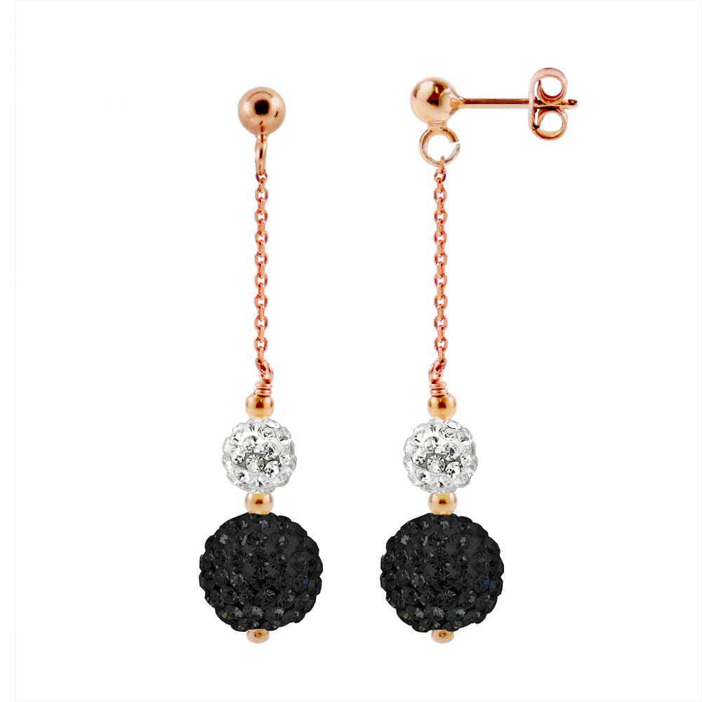 Duo oorbellen duo kristal zwart en wit zilver 925 roze vergulde - puur kristal