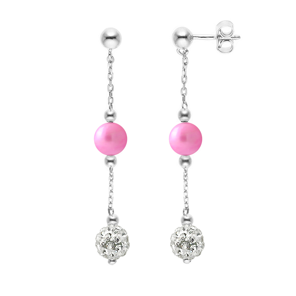 Hangers van oorbellen Fuschia Cultuur Kralen en Crystal White Silver 925 - Pure Crystal