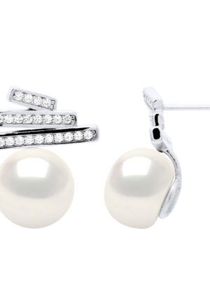 Oorbellen Strips met Cubic Zirconia - Echte Gecultiveerde Zoetwaterparel Knop 9-10 mm