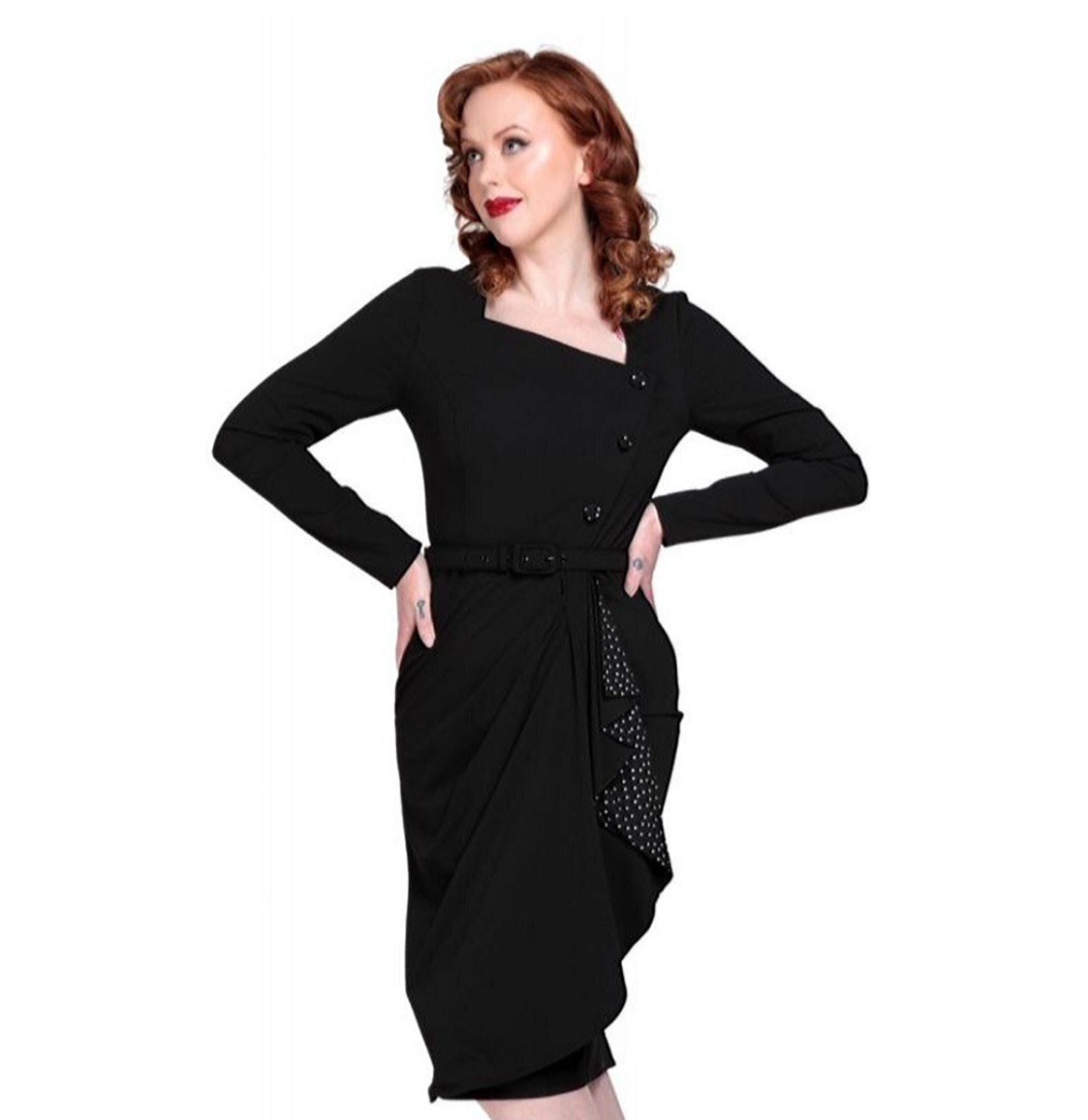 Collectif Anika Pencil Dress Black / Polka-M | 50% korting