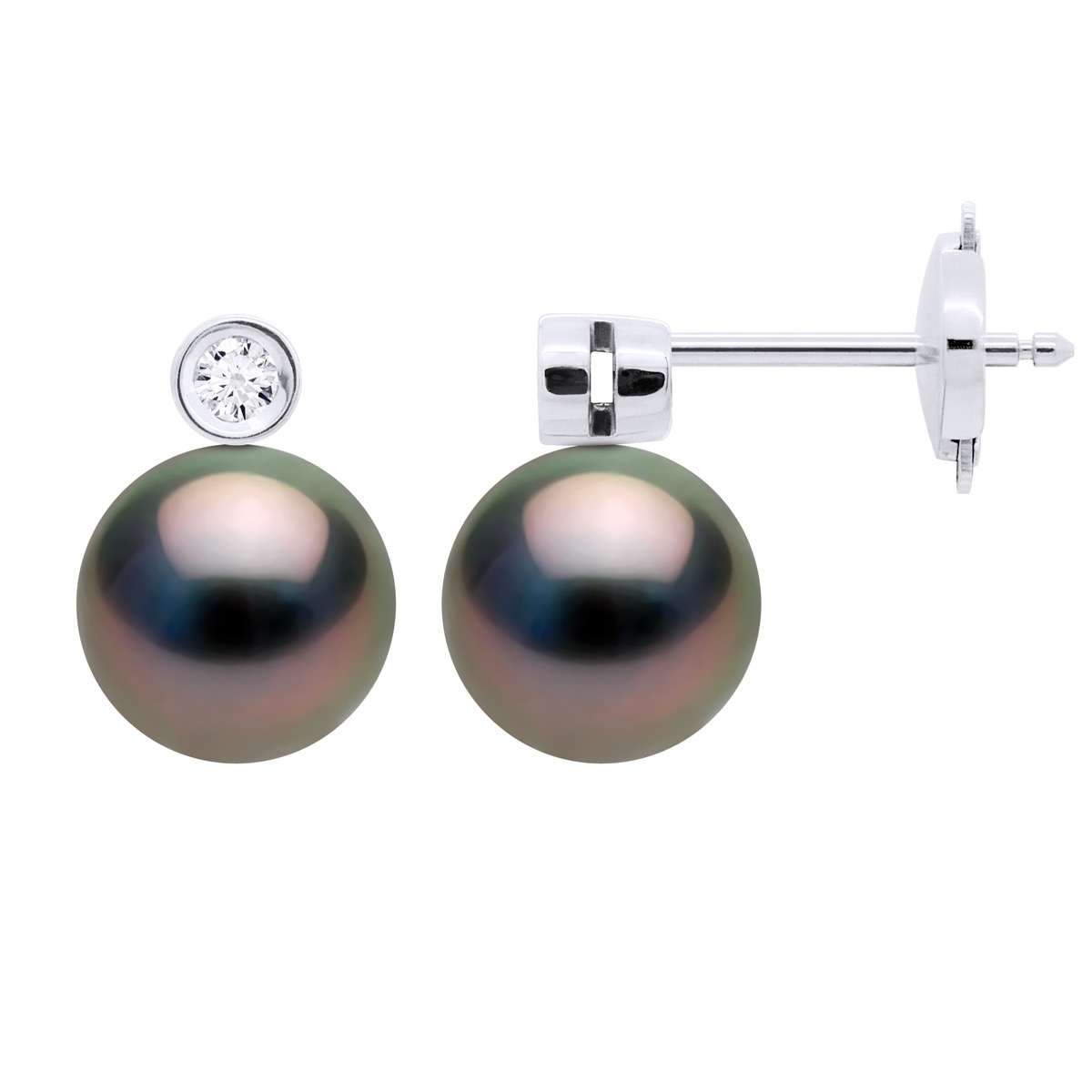 Oorbellen Sieraden Prestige Diamanten 0,06 Ct - GESLOTEN SET 2 x 0,03 Ct - met Echt Gecultiveerde Tahiti Parel Rond 8-9 mm