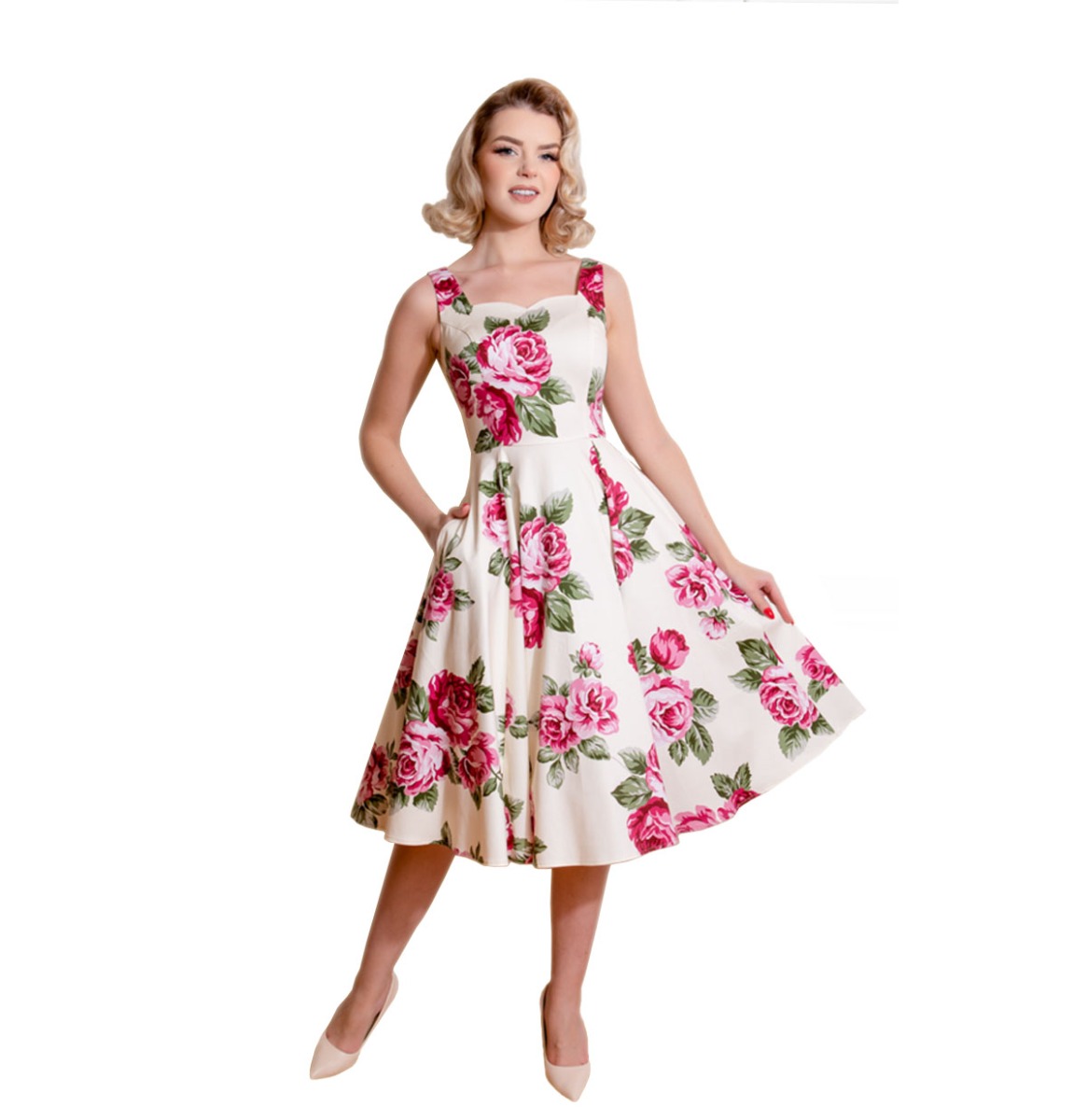 Hearts & Roses Frances Floral Swing Dress Cream Pink-XXXXL