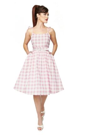 Unique Vintage Spaghetti Tie Swing Dress Gingham Pink-M