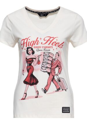 Queen Kerosin High Heels V-neck T-shirt Off White-XL
