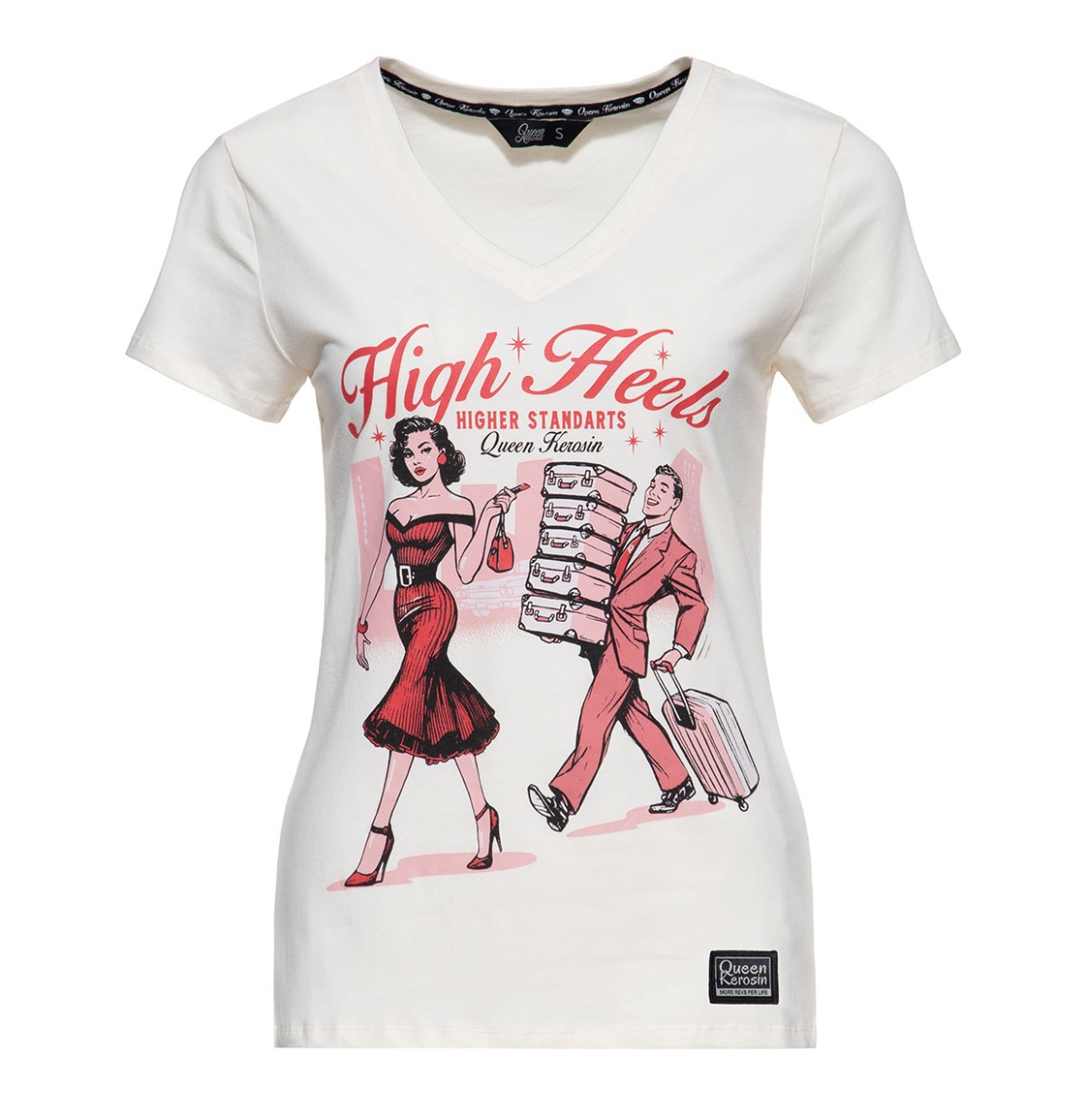 Queen Kerosin High Heels V-neck T-shirt Off White-XL