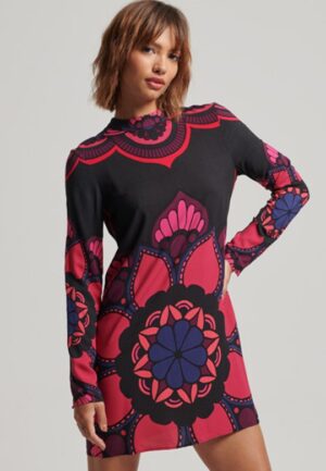 Mini-jurk met Print en Lange Mouwen Zwart Grootte: 36