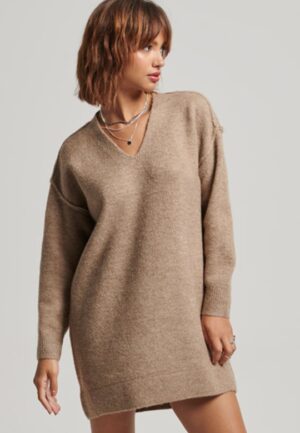 Gebreide Jurk met V-hals Beige Grootte: 44