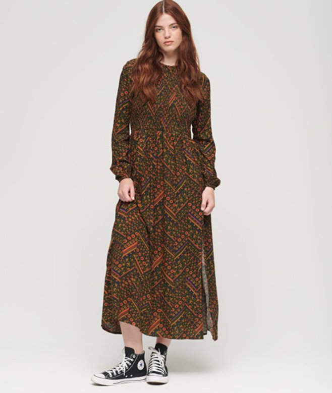 Gesmokte Maxi-jurk met Print Groen Grootte: 34