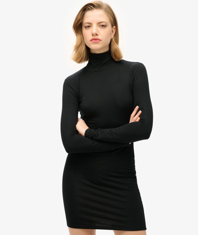 Mini-jurk met Lange Mouwen en Hoge Halslijn Zwart Grootte: 44