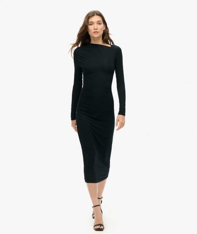 Midi-jurk met Lange Mouwen en Ruches Zwart Grootte: 36
