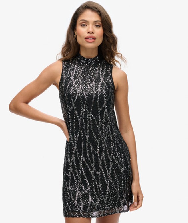 Mouwloze Mini-jurk met Lovertjes en A-lijn Zwart Grootte: 38