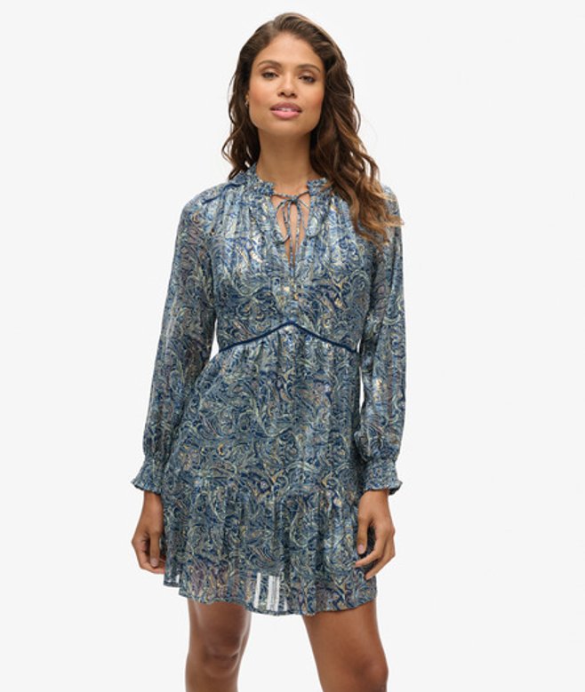Metallic Mini-jurk met Print en Lange Mouwen Blauw Grootte: 36