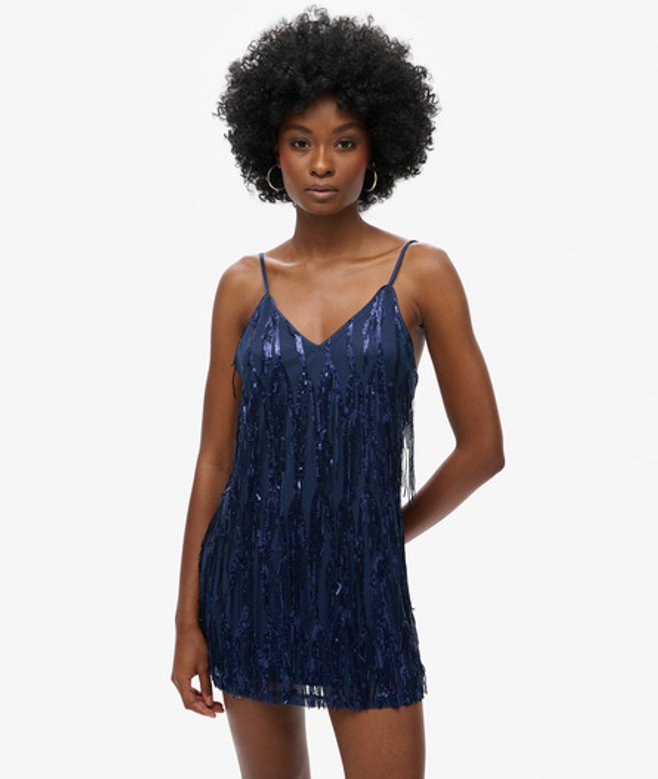 Minicami-jurk met V-hals en Franjes Blauw Grootte: 36