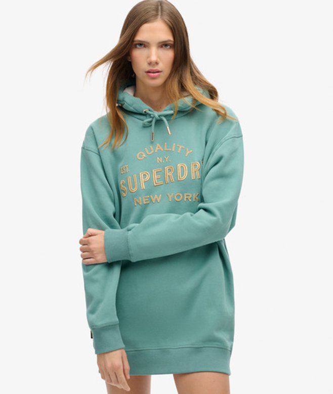 Luxe Jurk met Capuchon en Metallic Logo Groen Grootte: 38-40