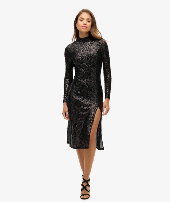 Midi-jurk met Pailletten en Blote rug Zwart Grootte: 44