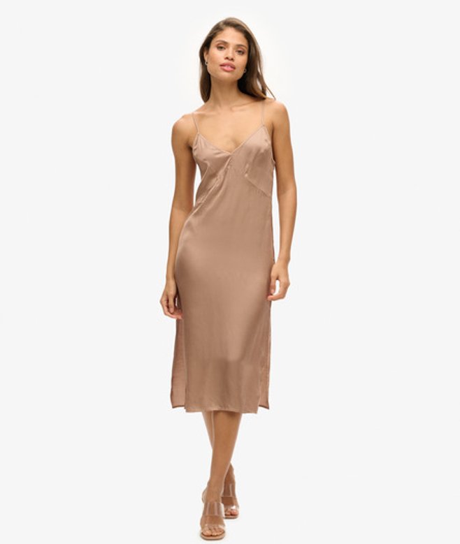Satijnen Cami Midi-jurk Bruin Grootte: 44